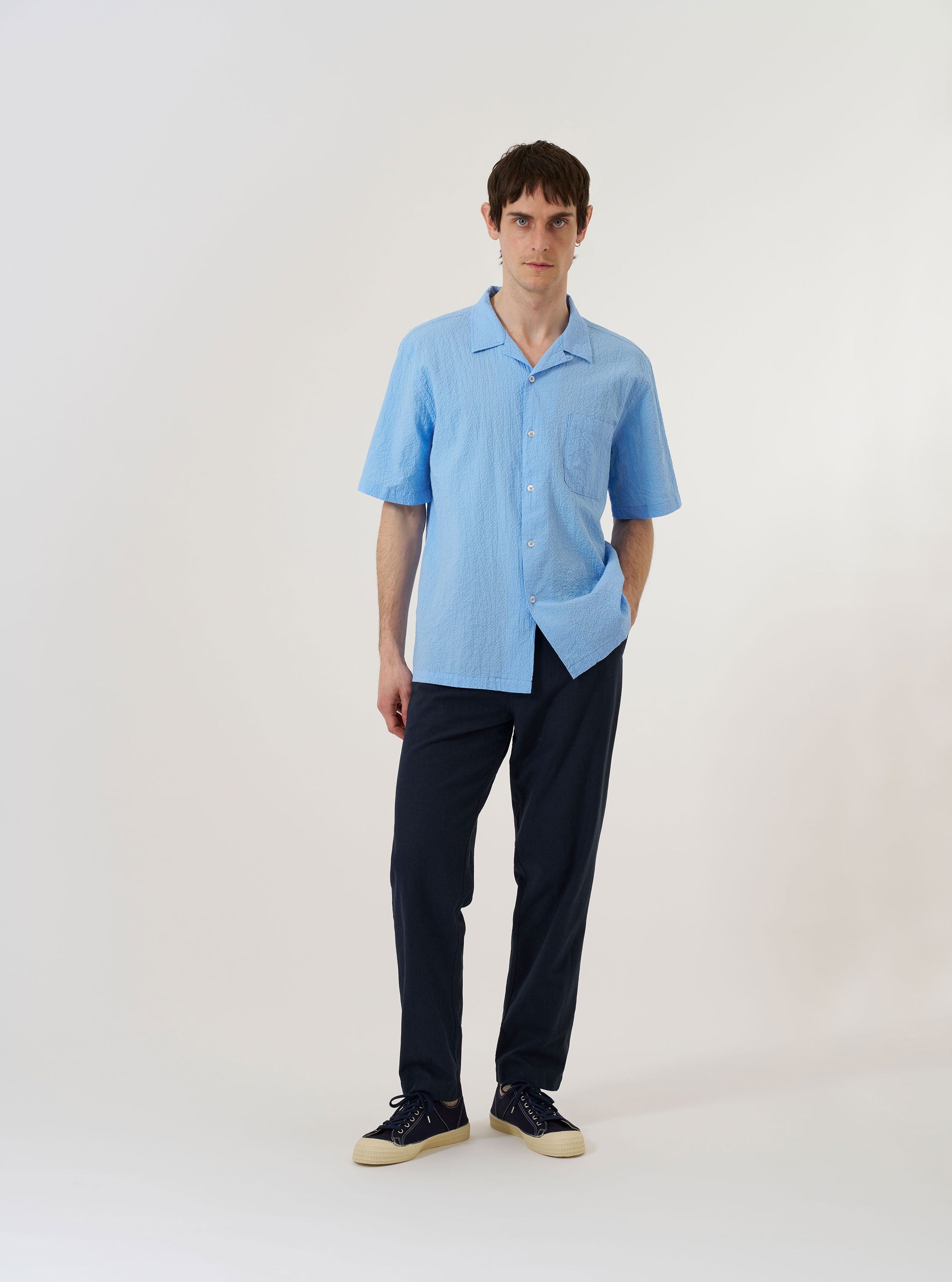 Men's Sky Blue Seersucker Shirting Road Shirt – Universal Works