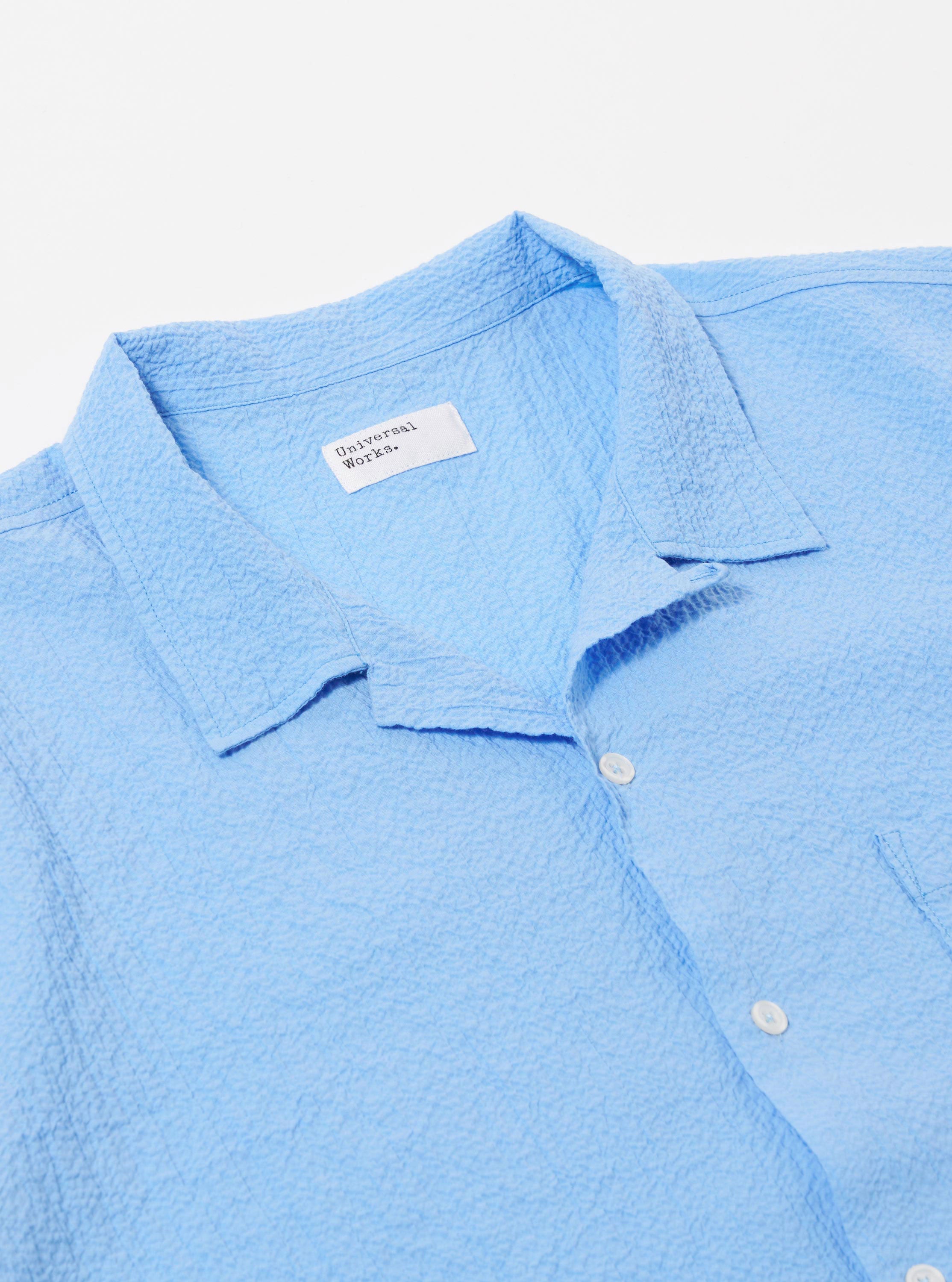 Men's Sky Blue Seersucker Shirting Road Camp Collar Shirt