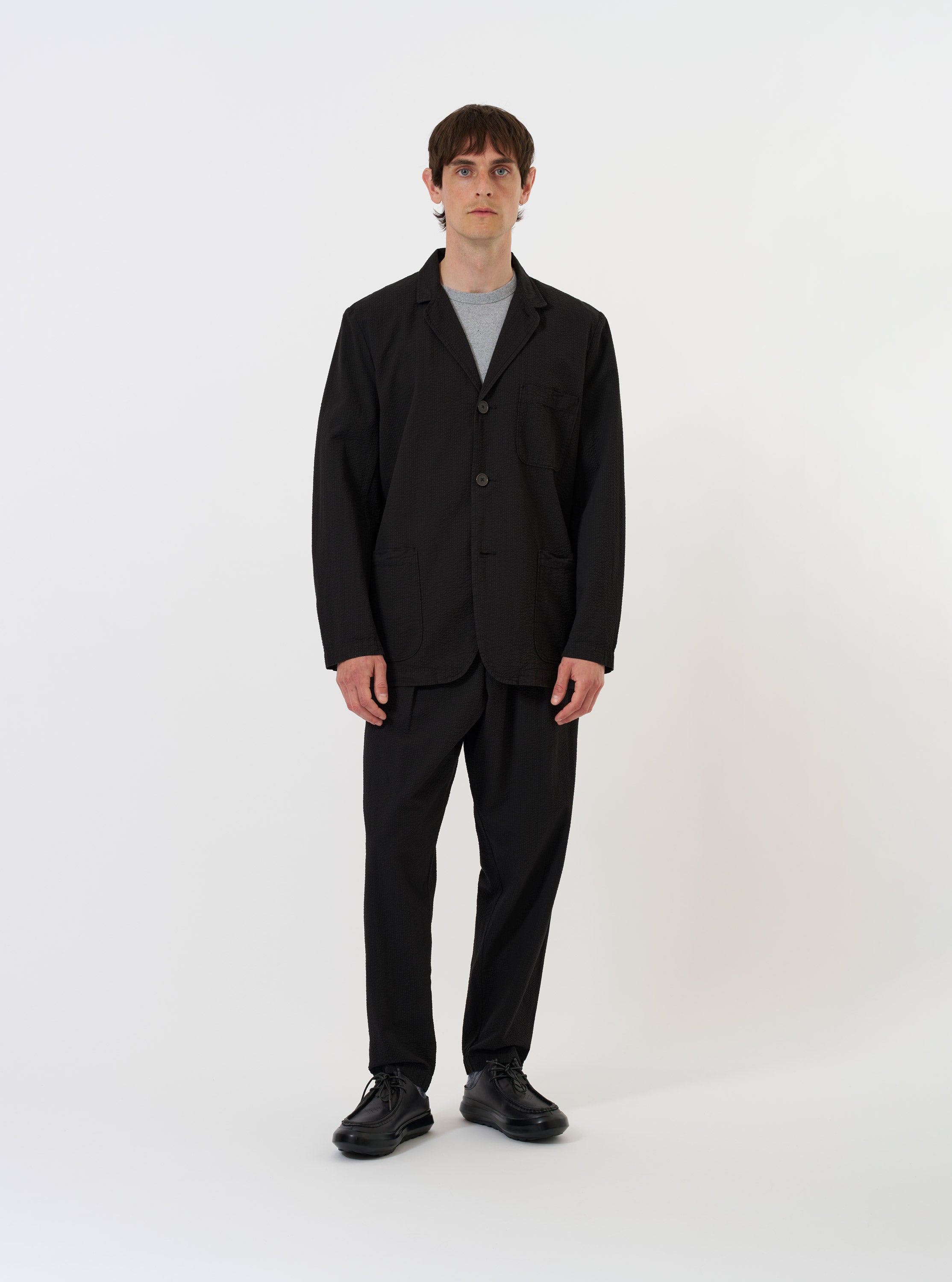 Men's Black Merida Seersucker Three Button Jacket – Universal Works Men's Black Merida Seersucker Three Button Jacket – Universal Works
