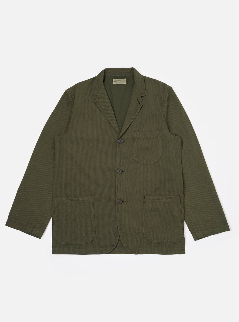Olive Merida Seersucker Three Button Jacket