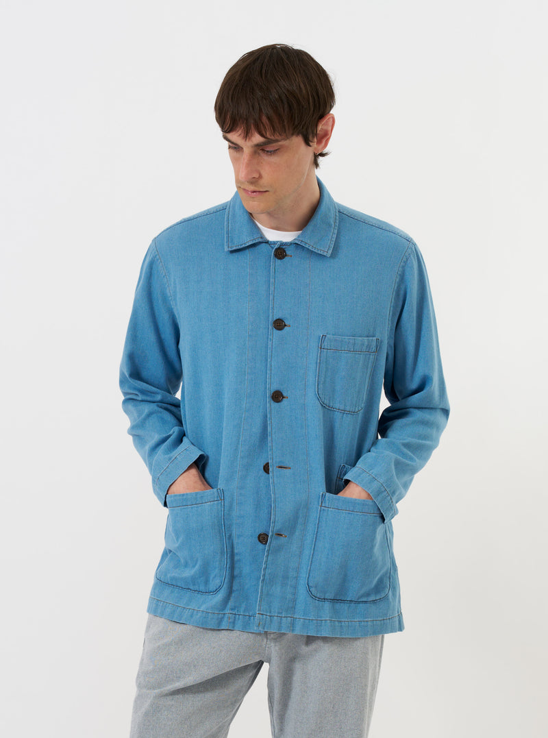 Washed Indigo Recycled Herringbone Bakers Overshirt