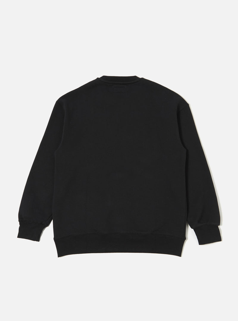 The Black Recycled Cotton Blend Jersey Loose Sweatshirt is shown from the back as a flat lay against a plain white background. The image highlights the sweatshirt's relaxed fit, dropped shoulders, and ribbed hem and cuffs. The black jersey fabric appears smooth and substantial.