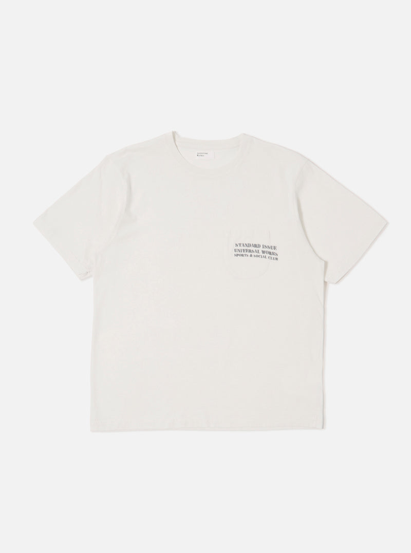 The Ecru Organic Jersey Print Pocket Tee is shown as a flat lay against a white background. The t-shirt features a crew neckline, short sleeves, and a single chest pocket on the left side with a graphic print. The fabric is a solid ecru organic cotton jersey.