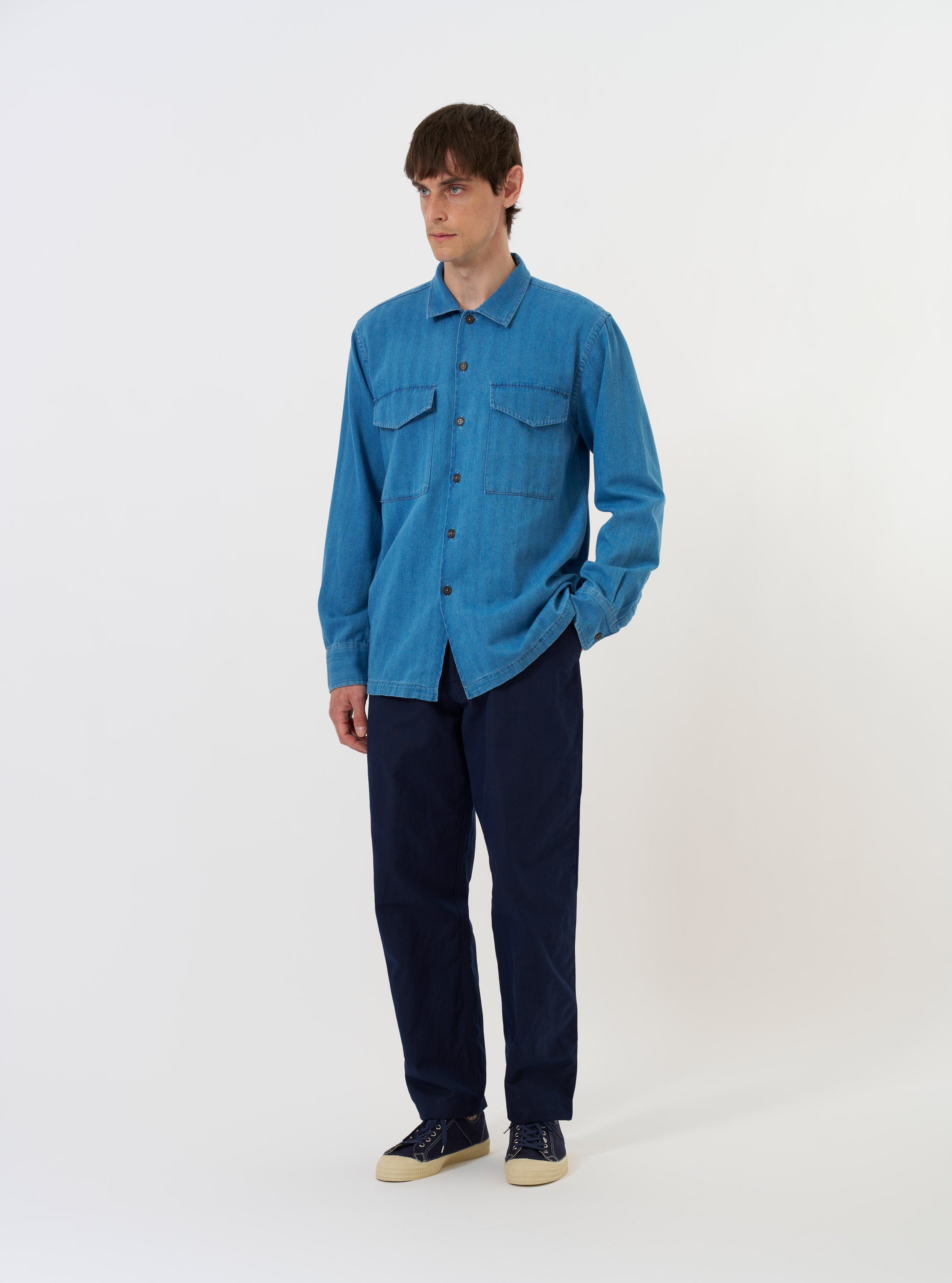 Men's Washed Indigo Recycled Herringbone Attendant Shirt