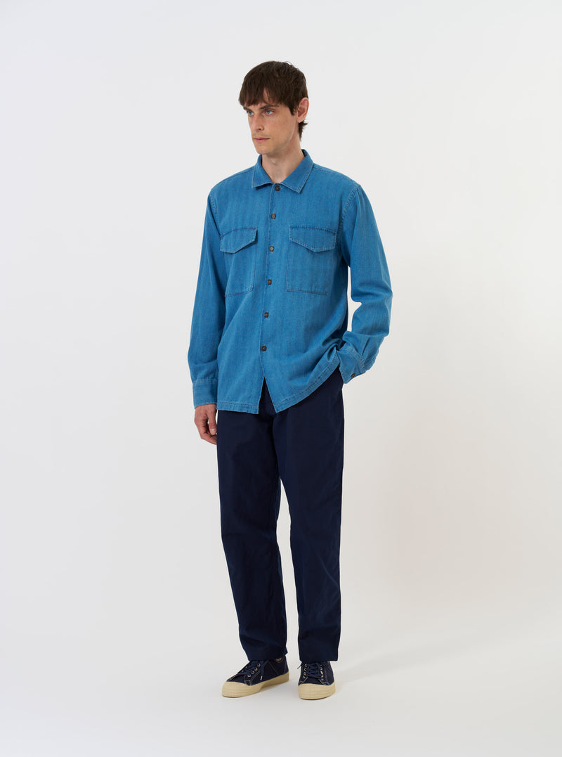 Washed Indigo Recycled Herringbone Attendant Shirt