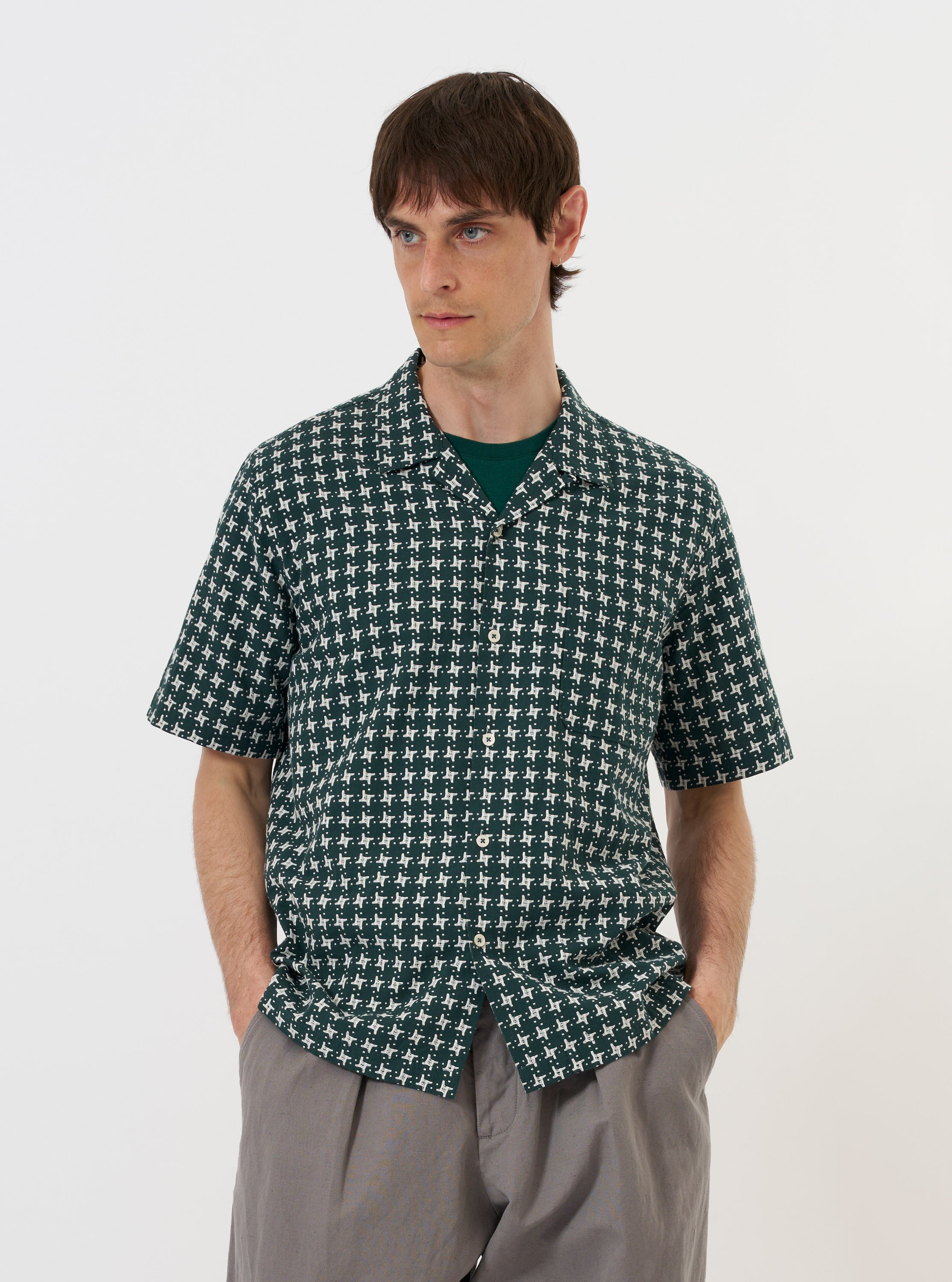 Men's Green/White Rhodes 8 Cotton Road Shirt – Universal Works