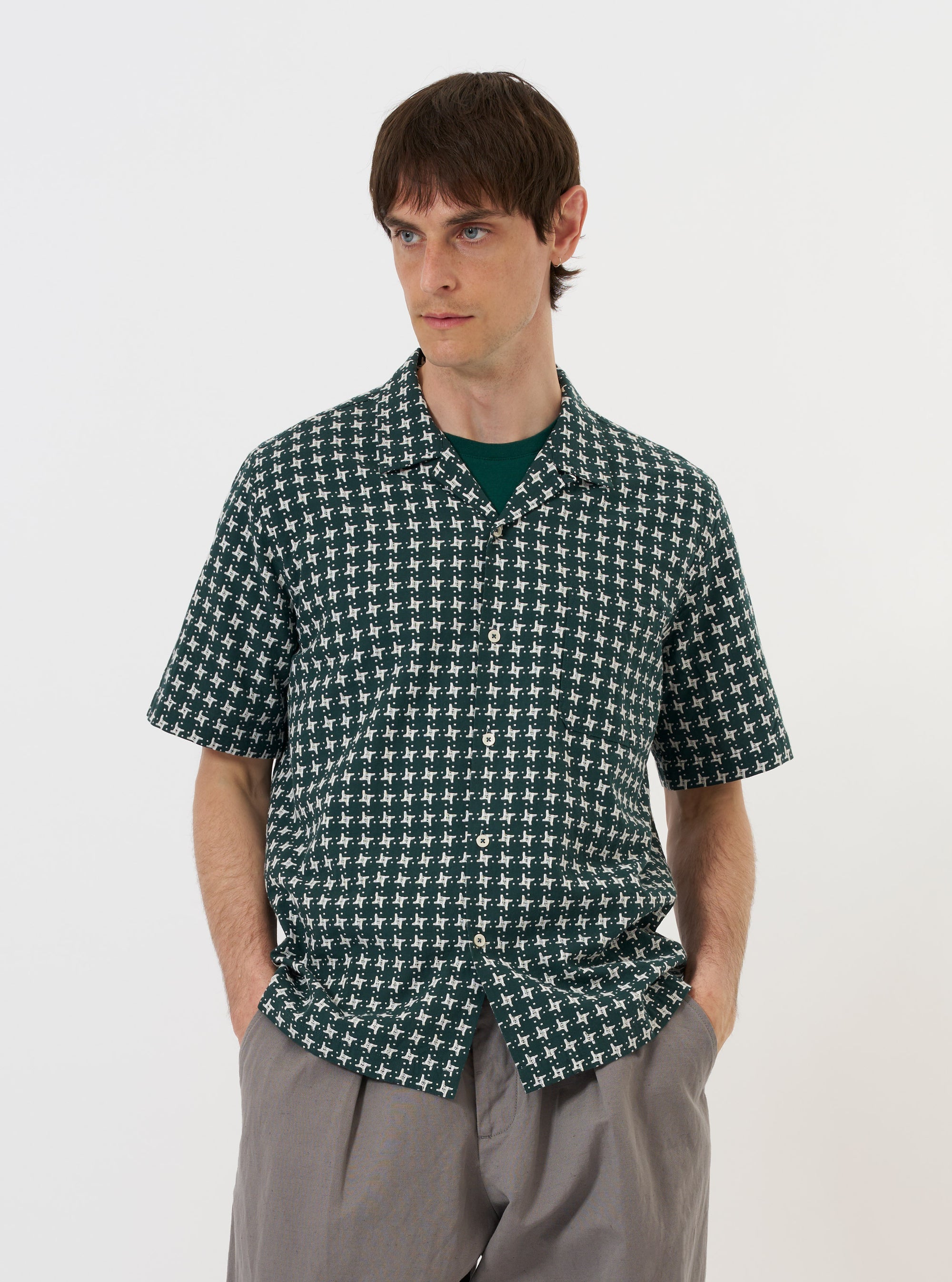 Men's Green/White Rhodes 8 Cotton Road Shirt Universal Works Men's Green/White Rhodes 8 Cotton Road Shirt Universal Works