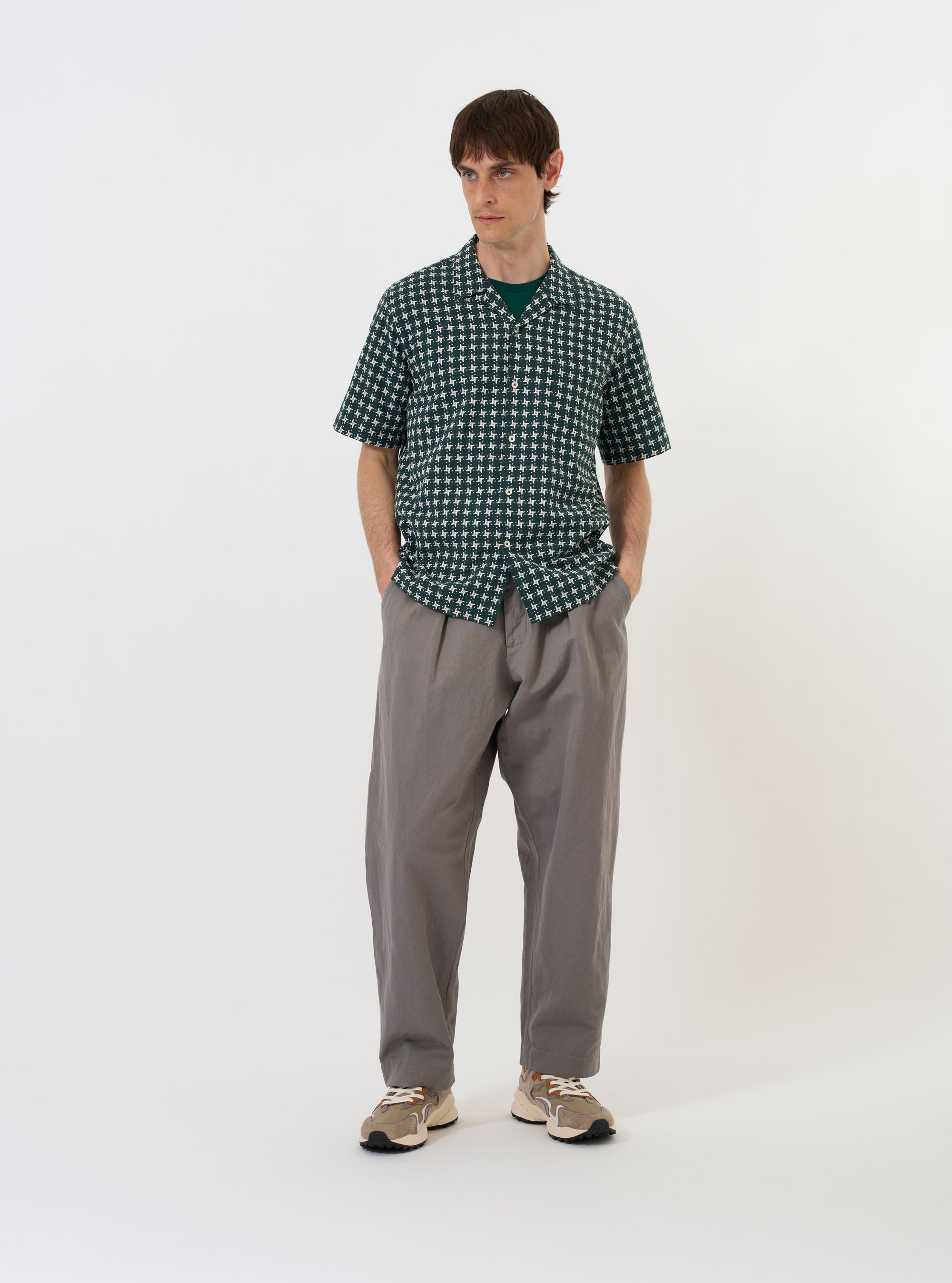 Men's Green/White Rhodes 8 Cotton Road Shirt Universal Works Men's Green/White Rhodes 8 Cotton Road Shirt Universal Works