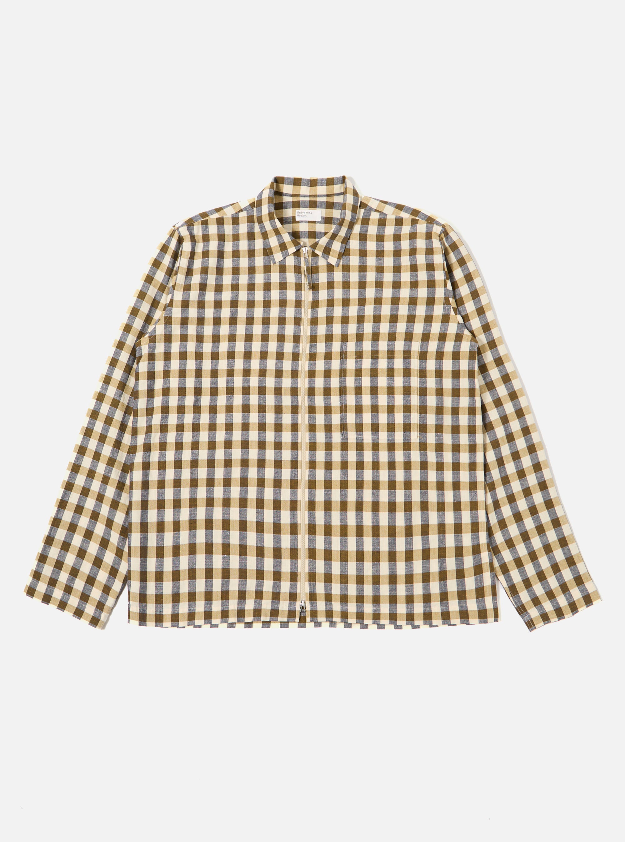 The Olive Aberdeen Lincot Zip Shirt is shown as a flat lay against a white background. The shirt features a full-length central zipper, a pointed collar, and a single chest patch pocket. The fabric has an olive green and navy blue check pattern.