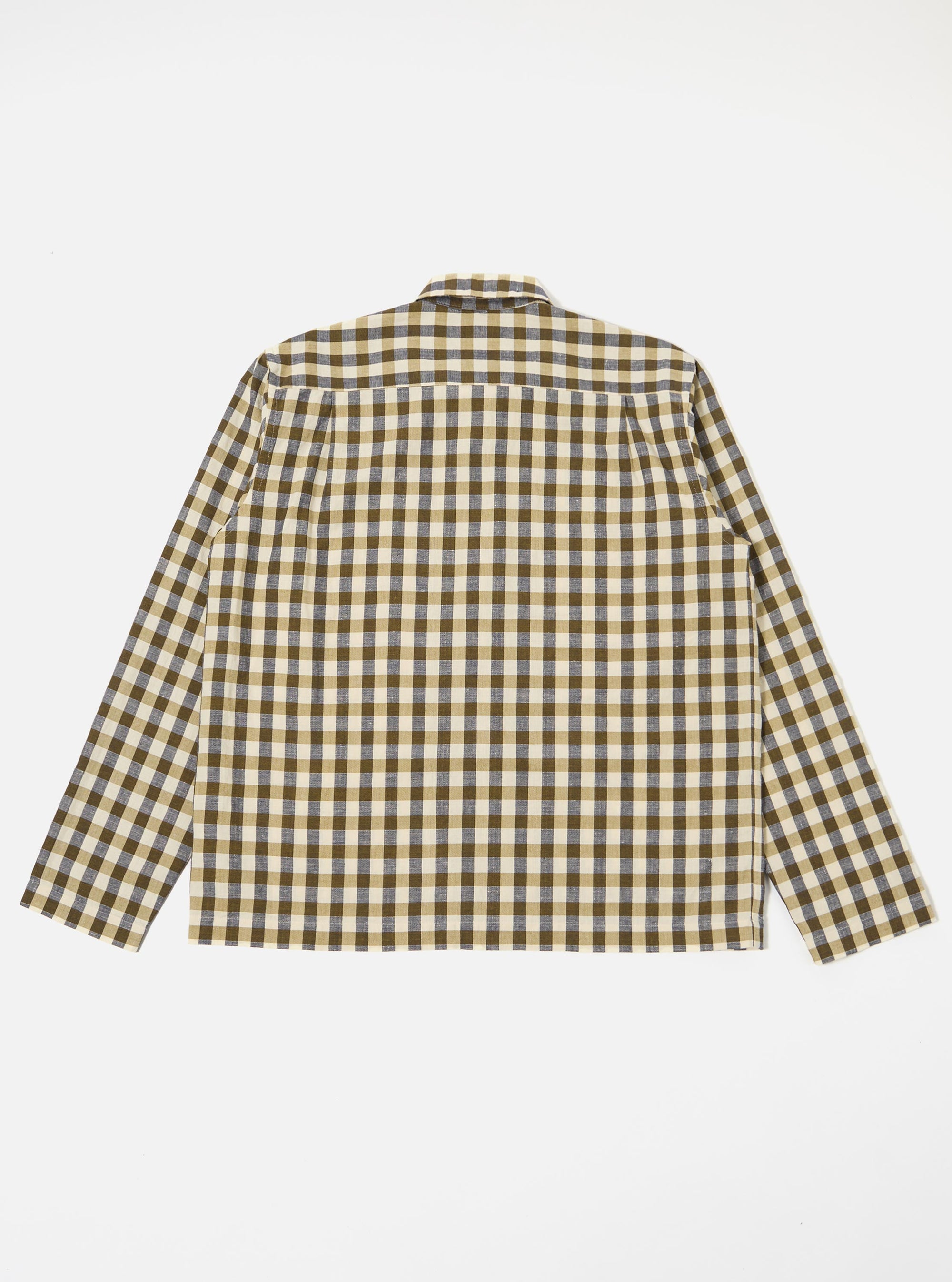 The Olive Aberdeen Lincot Zip Shirt is shown from the back as a flat lay against a plain white background. The overshirt features an all-over olive green and dark green check pattern, a straight hem, and a simple back yoke construction. The image highlights the texture of the cotton-linen blend fabric and the garment's relaxed fit.