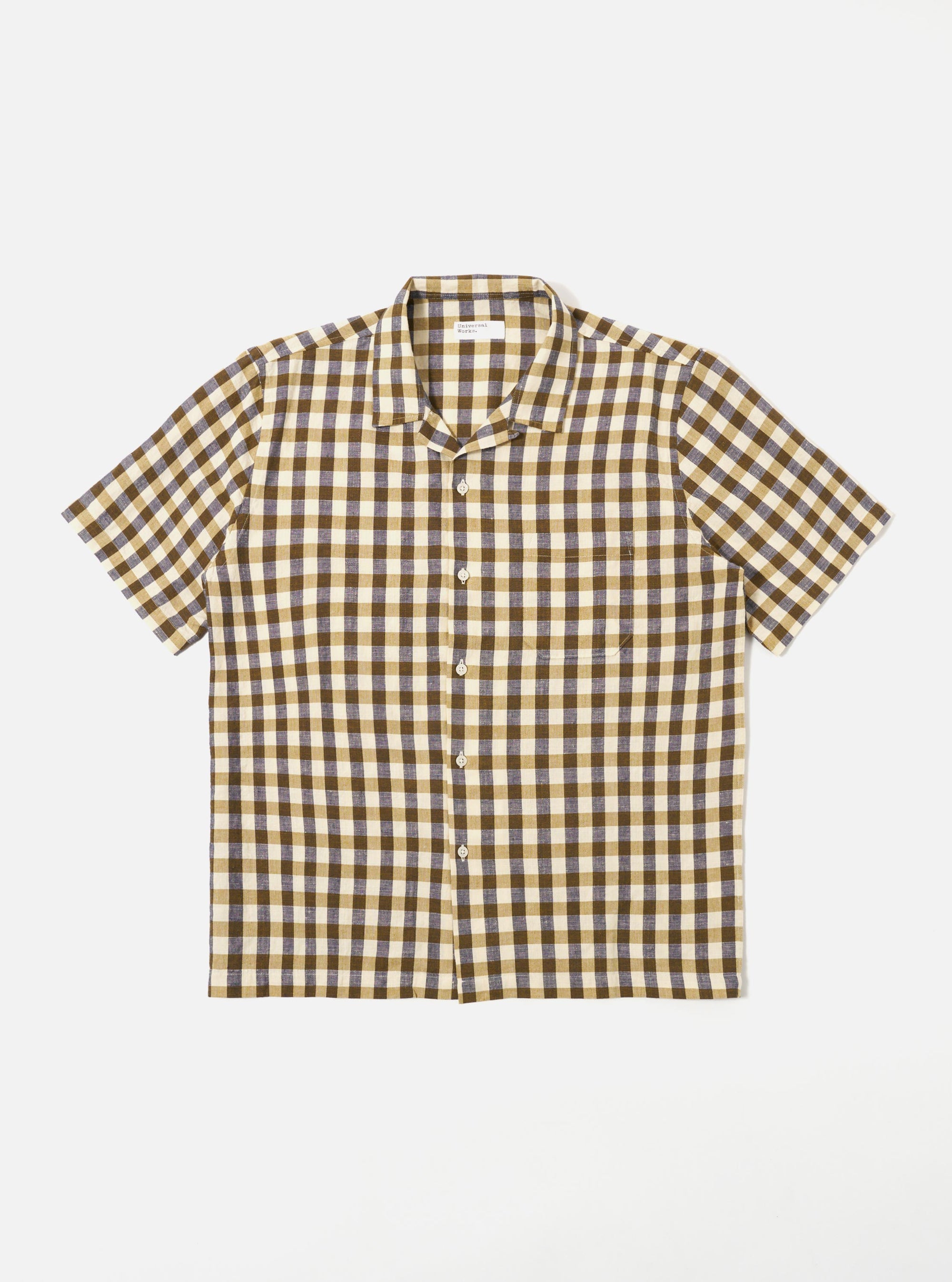The Olive Aberdeen Lincot Road Shirt is shown as a flat lay against a plain white background. The shirt features a camp collar, a six-button front closure, and two large patch pockets at the waist. The garment is made from a blended cotton and linen fabric in a solid olive green color.