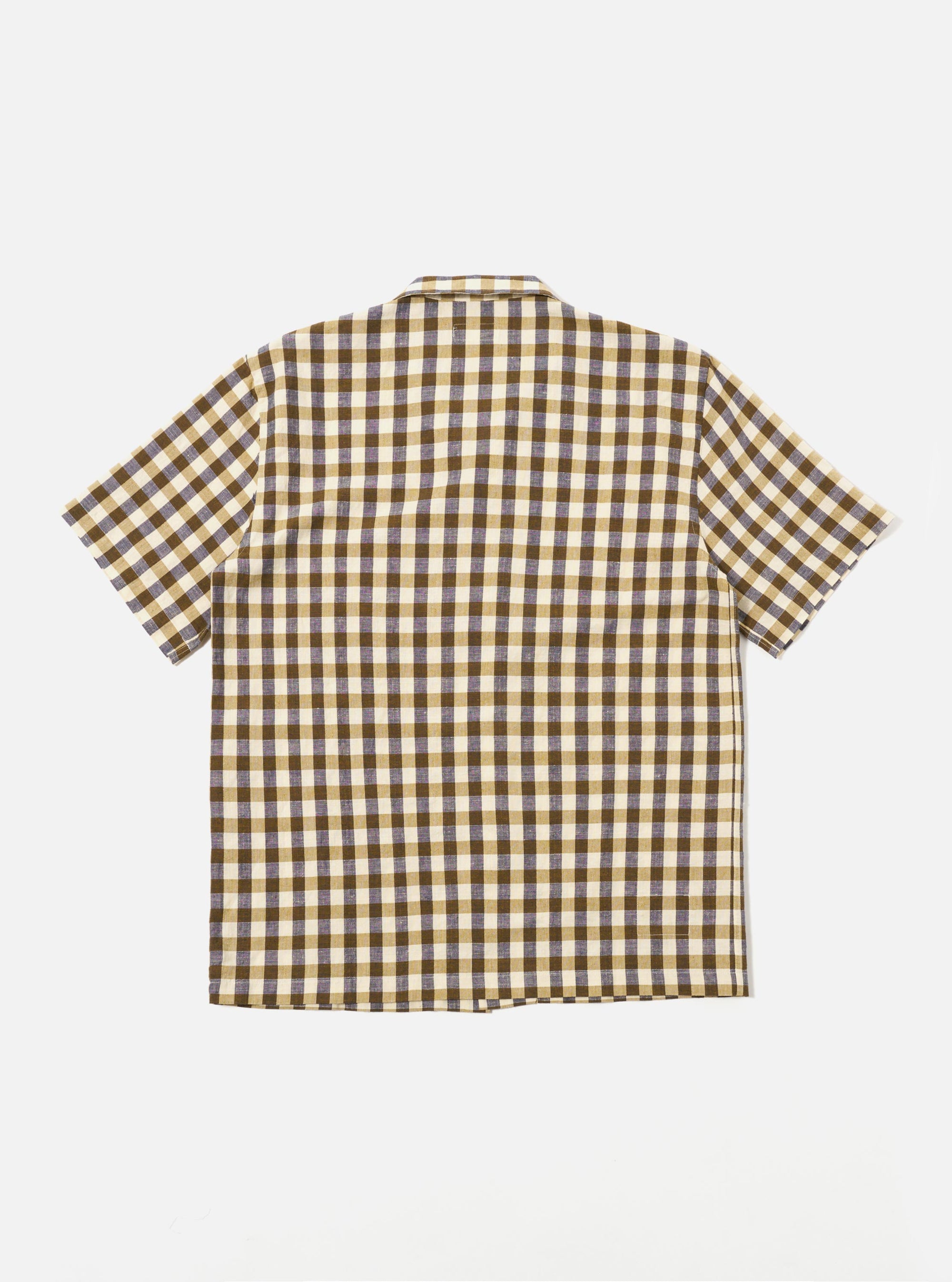 The Olive Aberdeen Lincot Road Shirt is shown from the back as a flat lay against a plain white background. The image highlights the shirt's olive green linen-cotton fabric, a straight hem, and a simple back panel with a horizontal yoke.