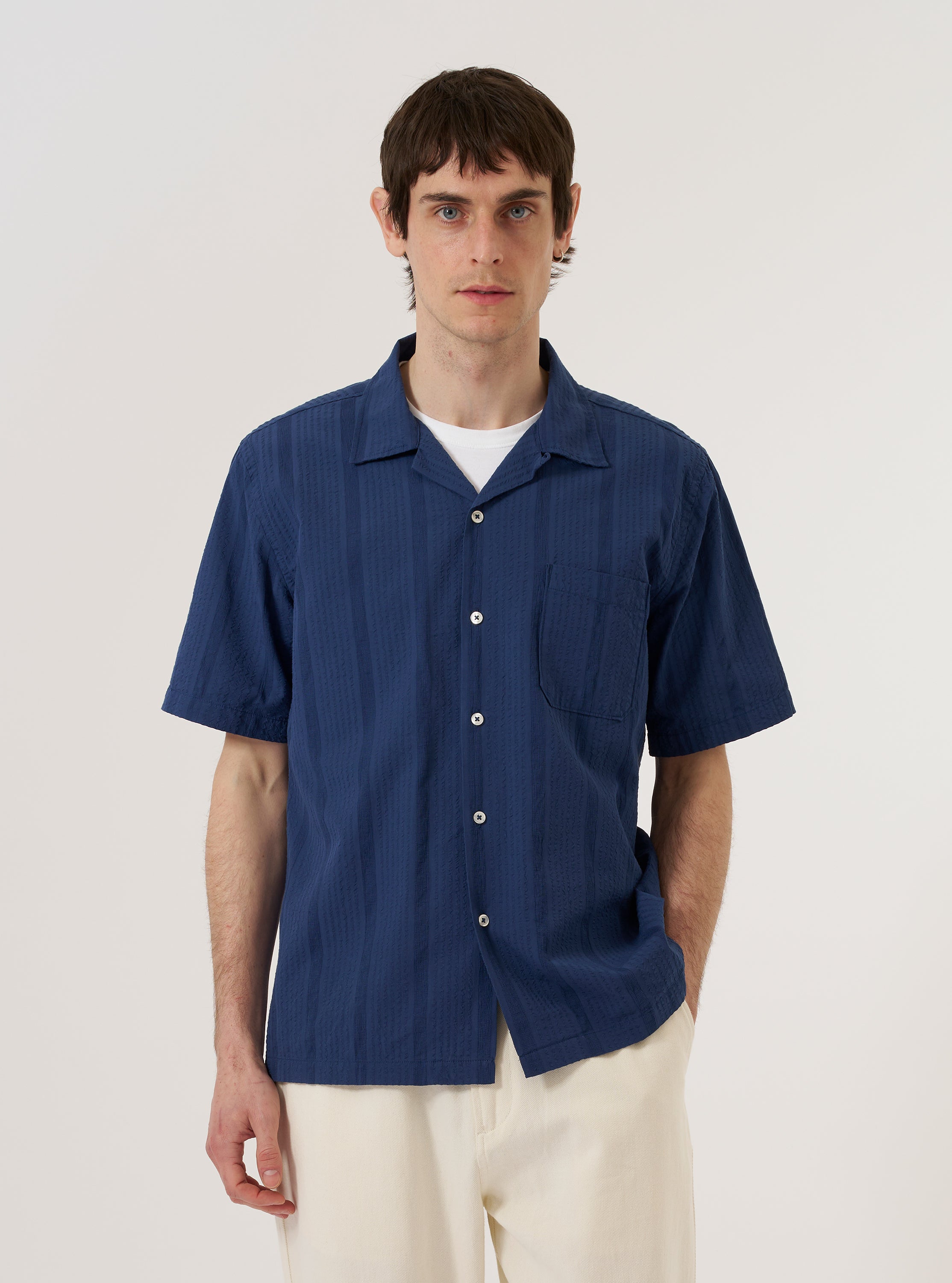 Men's Blue Maui Cotton Road Camp Collar Shirt – Universal Works