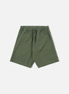 The Olive Kelly Cotton Simple Short is shown as a flat lay against a plain white background. The shorts feature an elasticated waistband with a matching olive green drawstring and two side pockets. The fabric is a solid olive green cotton with a smooth, matte finish.