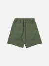 The Olive Kelly Cotton Simple Short is shown from a rear angle as a flat lay against a plain white background. The image highlights the two back patch pockets and the elasticated waistband of the olive green garment.