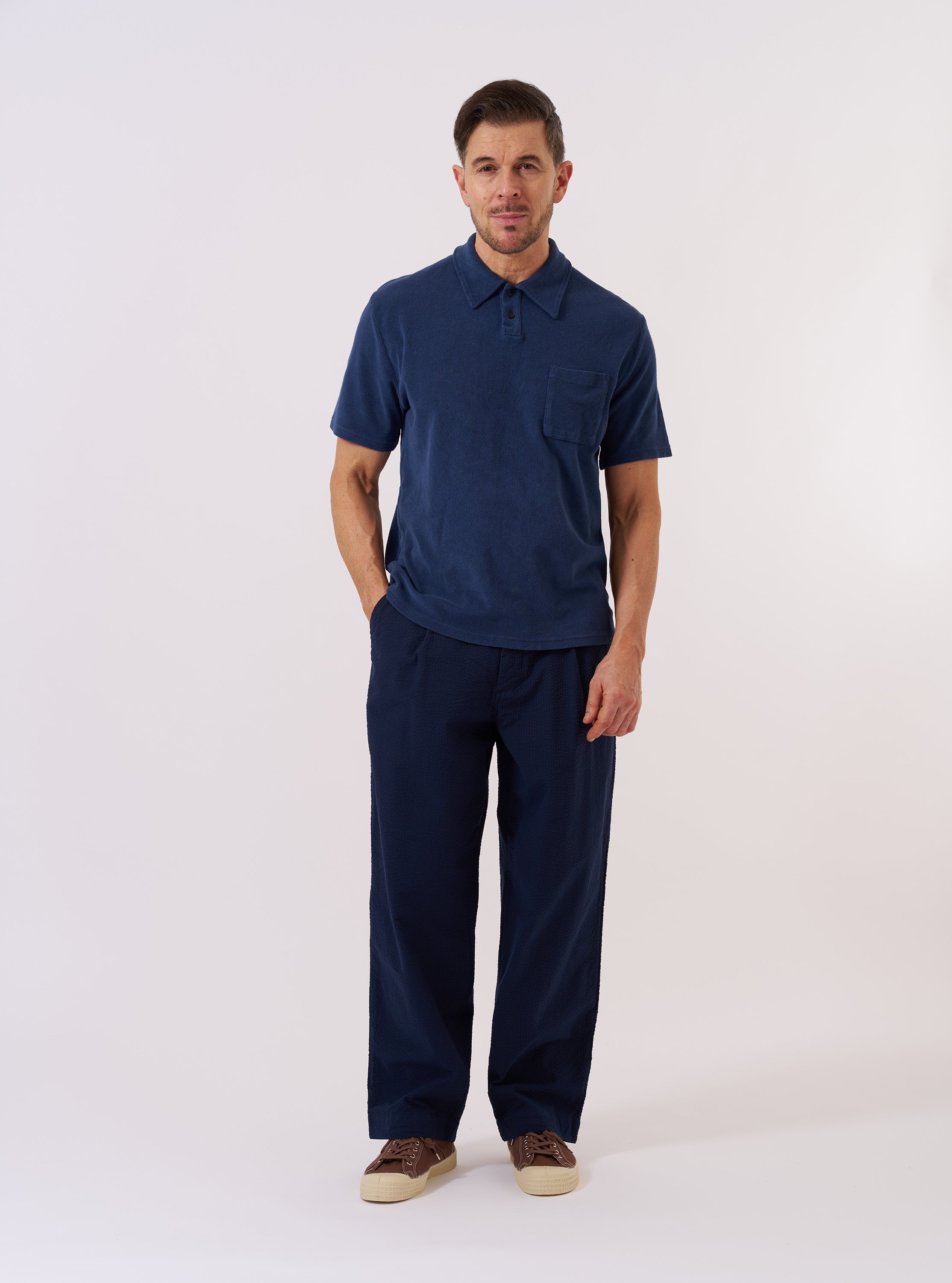 Men's Navy Light Weight Terry Newlyn Polo – Universal Works