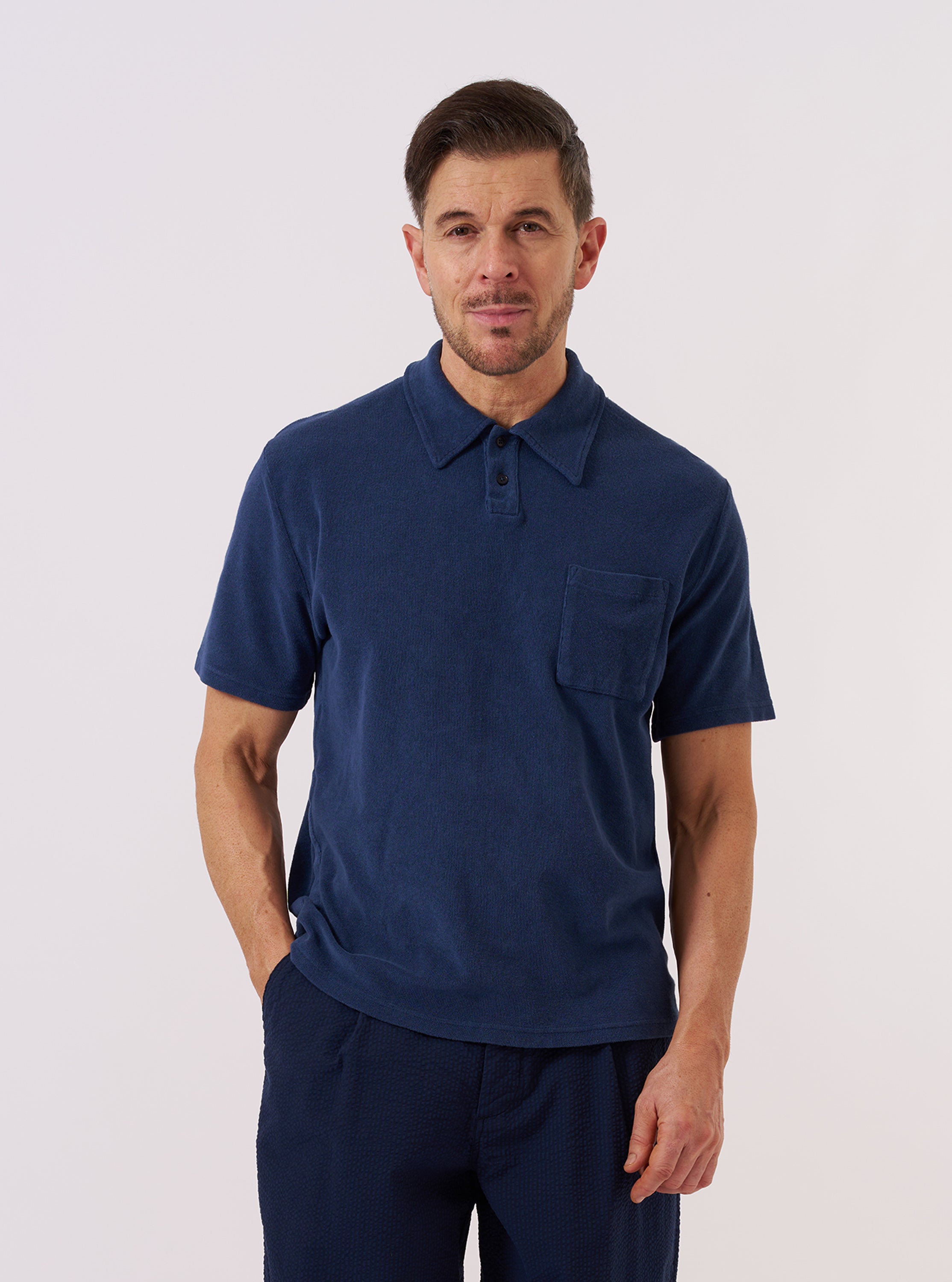 Men's Navy Light Weight Terry Newlyn Polo – Universal Works