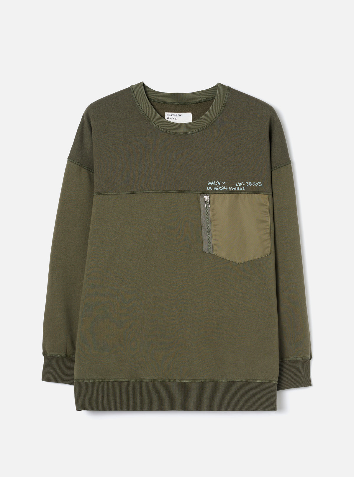 Walsh x Universal Works Olive Brushback Sweat Panelled Loose Sweatshirt