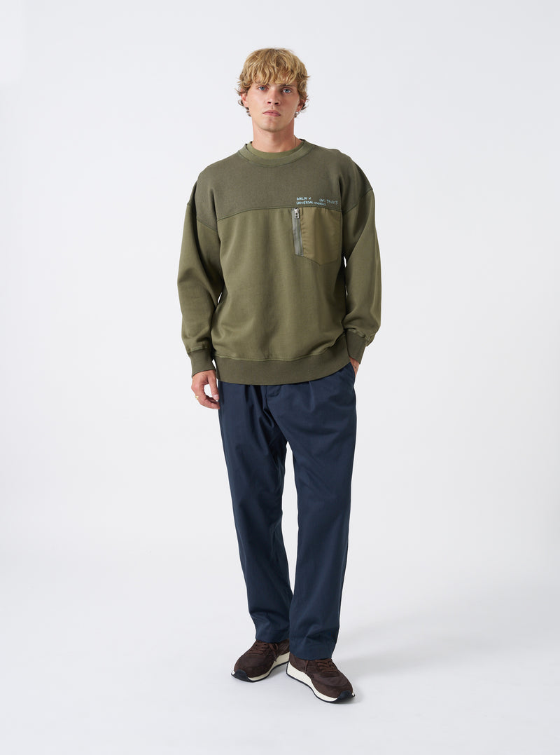 Walsh x Universal Works Olive Brushback Sweat Panelled Loose Sweatshirt