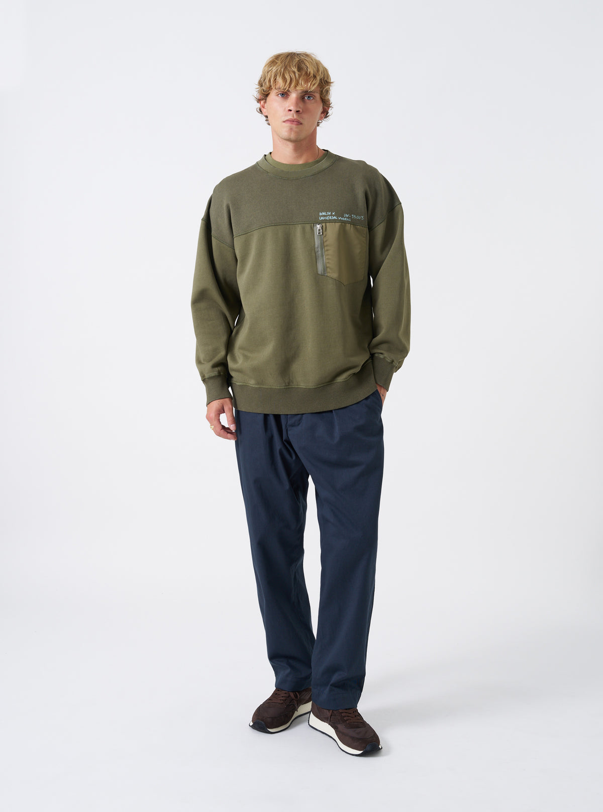 Walsh x Universal Works Olive Brushback Sweat Panelled Loose Sweatshirt