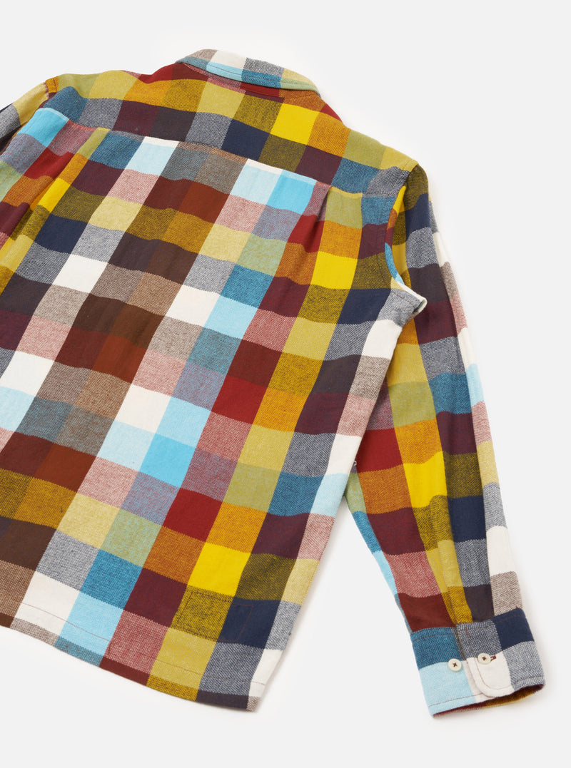 An alternate layout shot of the Multi Check Evans Check Lucky Shirt on a light studio background. The photograph highlights the vibrant multi-colored check pattern, buttoned cuffs, and classic collar construction.