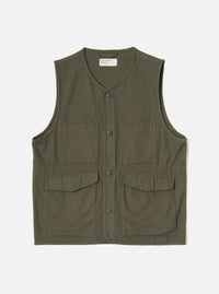 Olive brushed moleskin gilet laid flat on a light grey studio backdrop. V-neckline with a Universal Works woven label at the back neck. Four-button placket down the centre front. Two chest patch pockets and two larger flap patch pockets at the lower front. Sleeveless with armhole binding and a straight hem. Visible topstitching throughout.