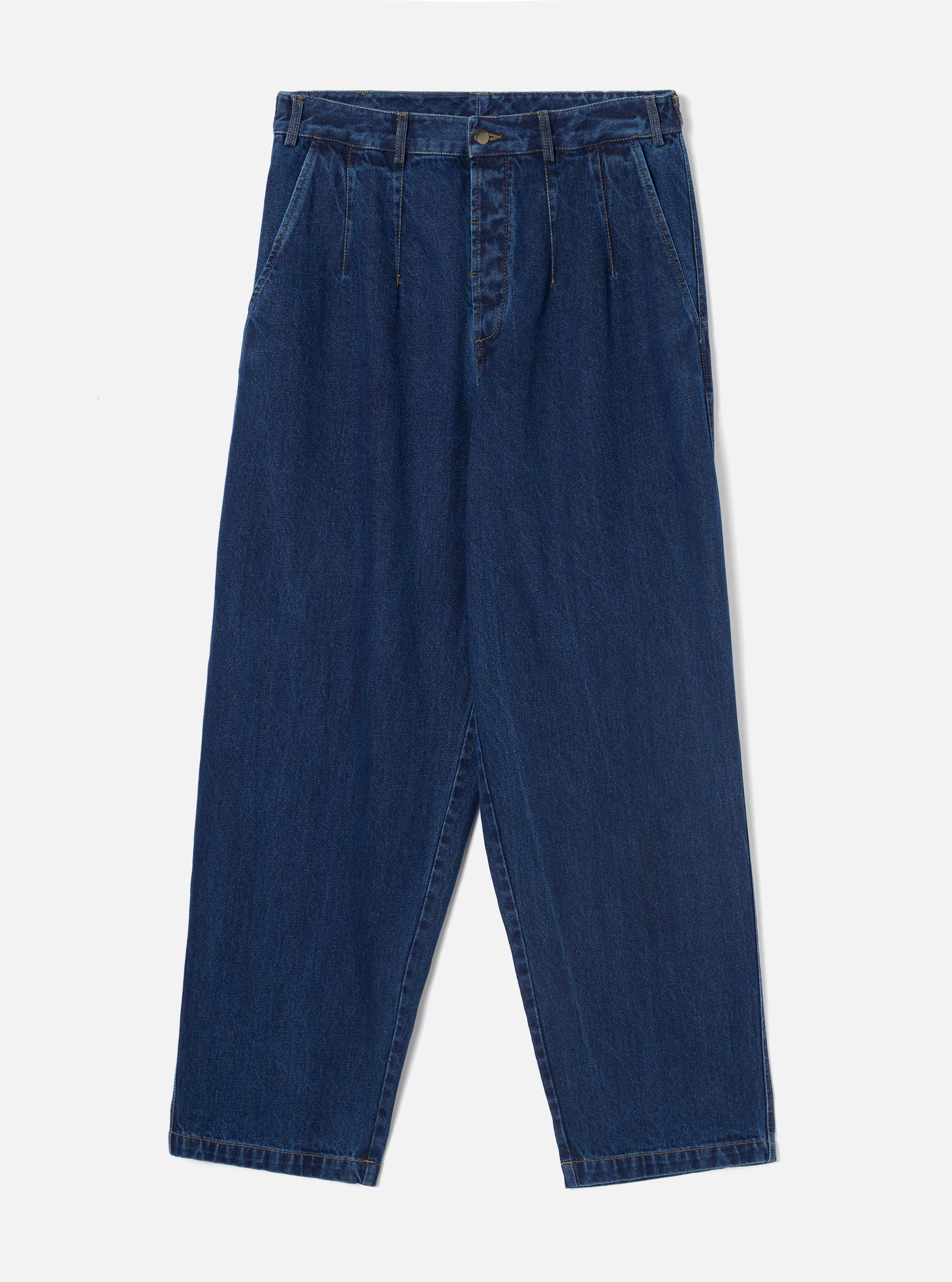Indigo blue wide-leg denim trousers laid flat on a light grey studio backdrop. The high-rise waistband features belt loops and a single metal button fastening. Double pleats run from the waistband down the front of each leg. The fabric is plain mid-weight denim with visible contrast topstitching at the hem and seams. Full-length legs taper slightly at the ankle.