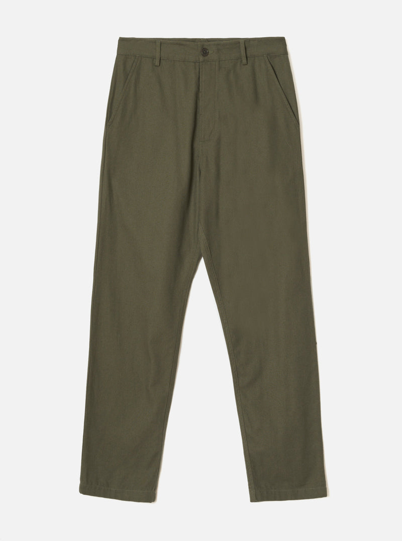Olive brushed moleskin military chinos laid flat on a light grey background. The trousers feature a button fastening at the waist, a structured waistband with belt loops, slanted side pockets, and a plain unhemmed leg with a tapered fit. The fabric has a smooth, dense texture throughout.