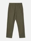 Olive brushed moleskin military chinos laid flat on a light grey background. The trousers feature a button fastening at the waist, a structured waistband with belt loops, slanted side pockets, and a plain unhemmed leg with a tapered fit. The fabric has a smooth, dense texture throughout.
