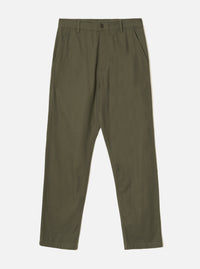 Olive brushed moleskin military chinos laid flat on a light grey background. The trousers feature a button fastening at the waist, a structured waistband with belt loops, slanted side pockets, and a plain unhemmed leg with a tapered fit. The fabric has a smooth, dense texture throughout.