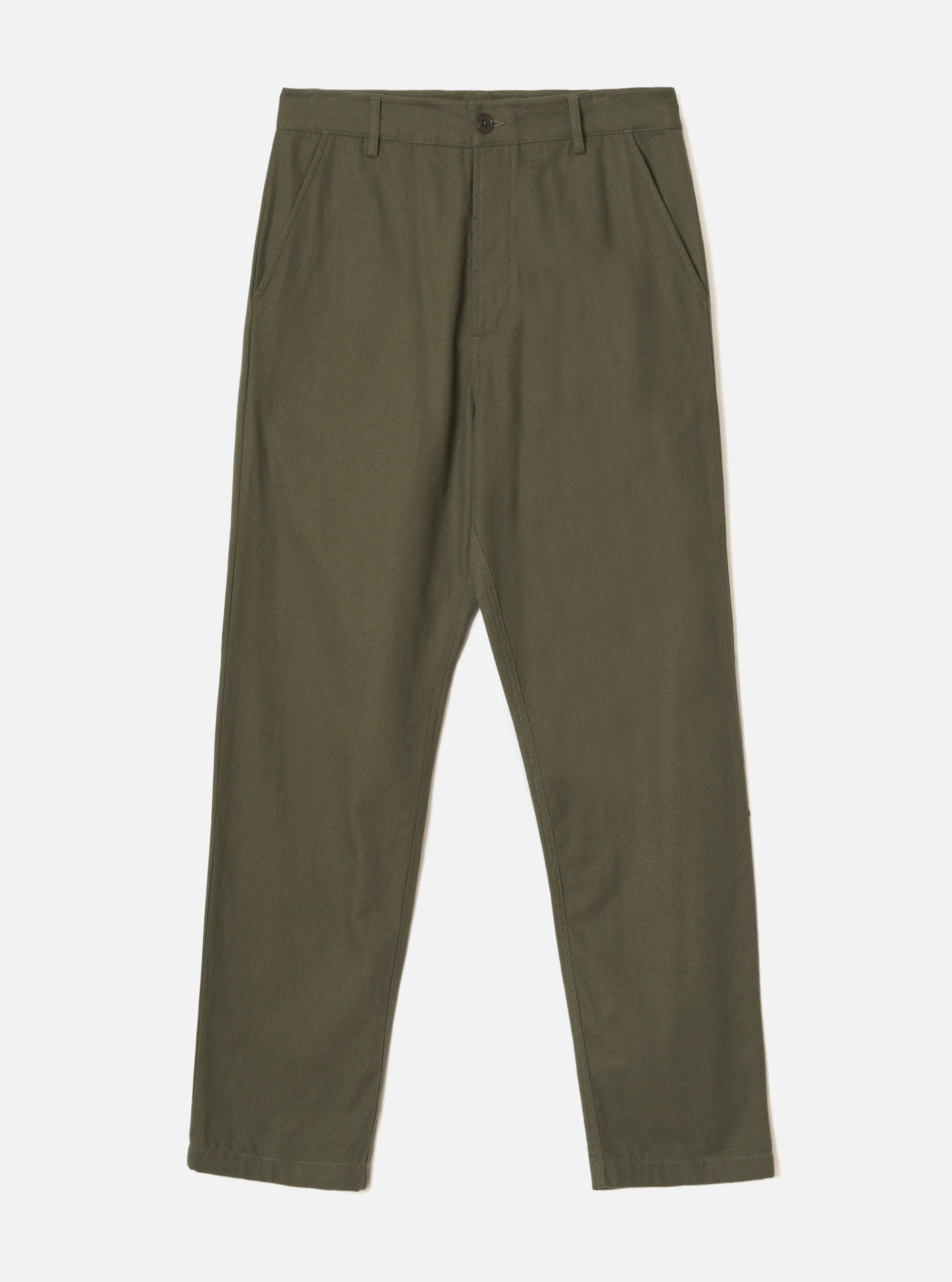 Olive brushed moleskin military chinos laid flat on a light grey background. The trousers feature a button fastening at the waist, a structured waistband with belt loops, slanted side pockets, and a plain unhemmed leg with a tapered fit. The fabric has a smooth, dense texture throughout.