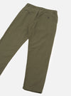 Olive brushed moleskin military chinos laid flat on a white studio surface, reverse side showing. Two button-fastened welt back pockets are visible, along with a waistband with belt loops. The fabric has a soft, fine-napped texture. Legs taper to a plain hemline.