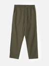 Olive brushed moleskin hi-water trousers laid flat on a light grey seamless backdrop. The elasticated waistband features a short dark drawcord and a single dark button at the centre front. Slanted side pockets sit below the waistband. The straight-leg cut tapers slightly to a cropped, plain hem. Solid plain fabric throughout.