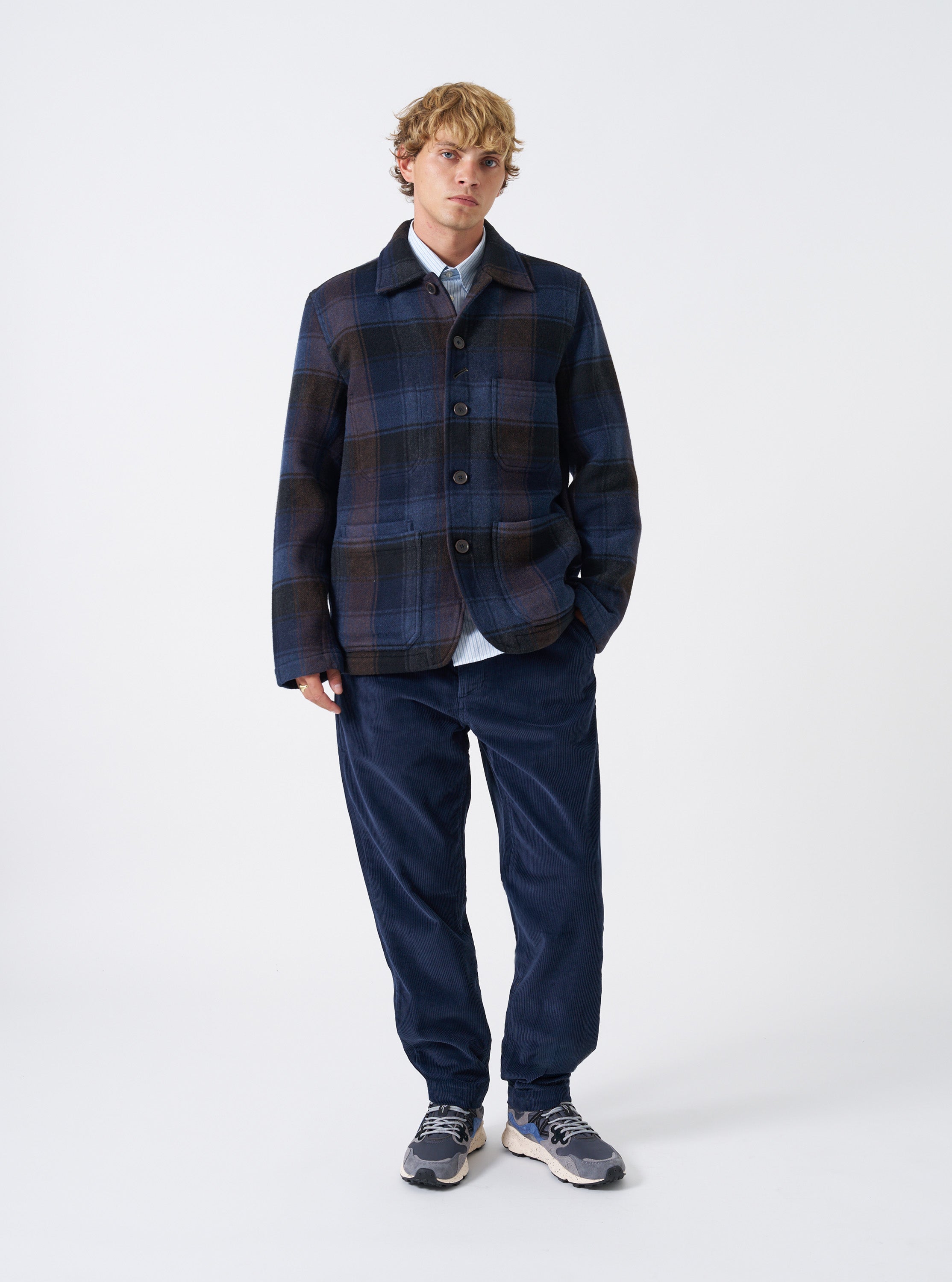 Men's Navy/Brown Berlin Wool Check OG Bakers Jacket – Universal Works
