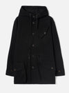 Black wool-blend Mowbray Boston Parka on a plain light grey studio backdrop, no model. Large hood with black drawcord, button-through front placket, chest patch pocket, two large flap patch pockets at the hem, waist drawcord, and button-tab cuffs. Smooth, dense fabric texture throughout.
