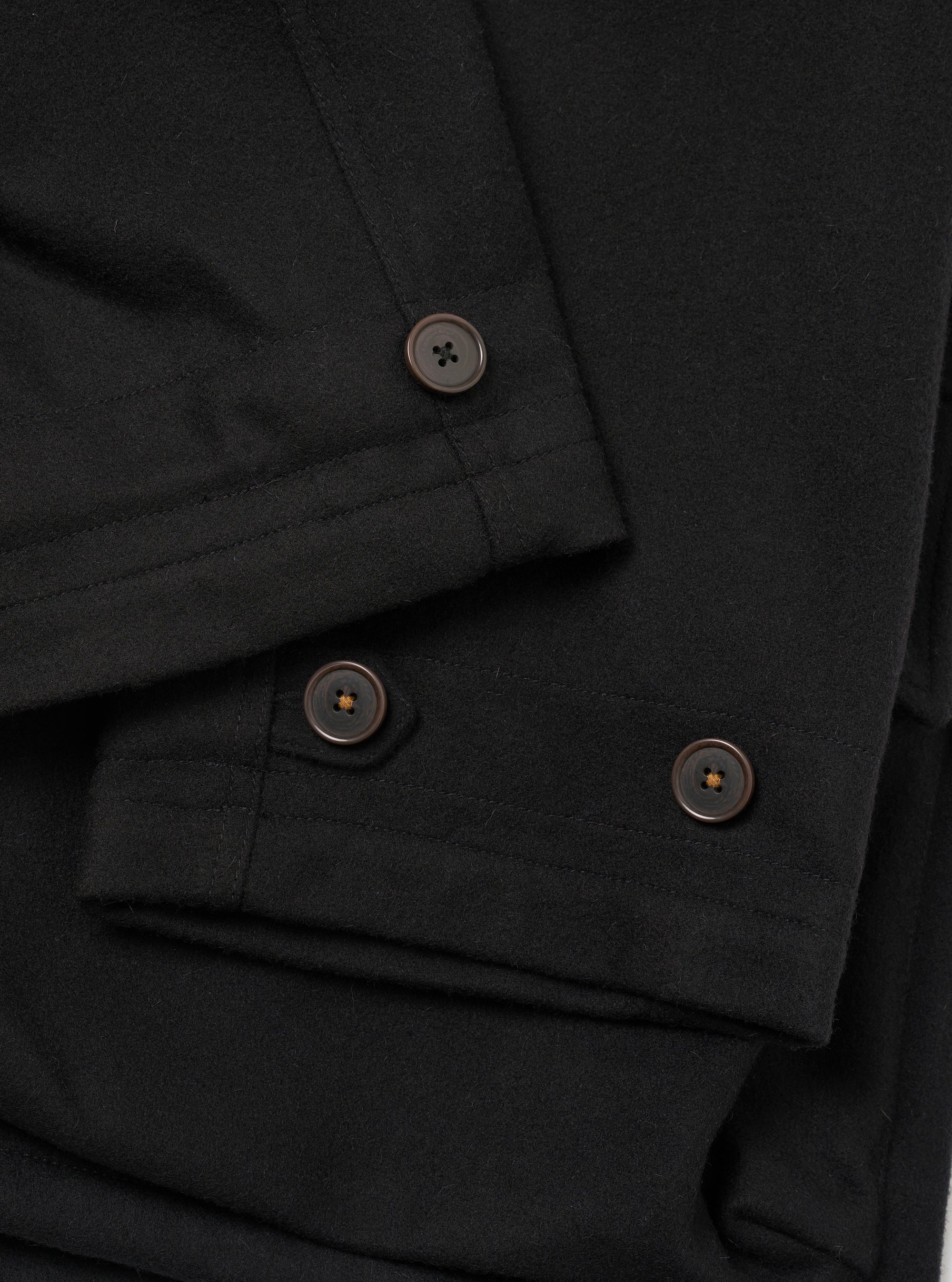 Close-up detail of the black Mowbray Boston Parka sleeve and cuff against a plain white studio backdrop. The smooth wool-blend fabric shows fine topstitching across the cuff. Three dark horn-effect four-hole buttons are visible: one on the upper sleeve placket and two on the lower cuff, set against the structured, quilted-panel detailing.