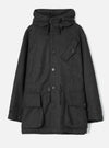 Grey marl wool-texture Mowbray Boston Parka laid flat on a light grey seamless backdrop. Features a large drawcord hood, single-breasted button placket, one chest patch pocket with button, a waist drawcord with toggle, two lower flap patch pockets, and buttoned cuffs.