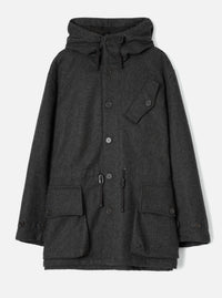 Grey marl wool-texture Mowbray Boston Parka laid flat on a light grey seamless backdrop. Features a large drawcord hood, single-breasted button placket, one chest patch pocket with button, a waist drawcord with toggle, two lower flap patch pockets, and buttoned cuffs.