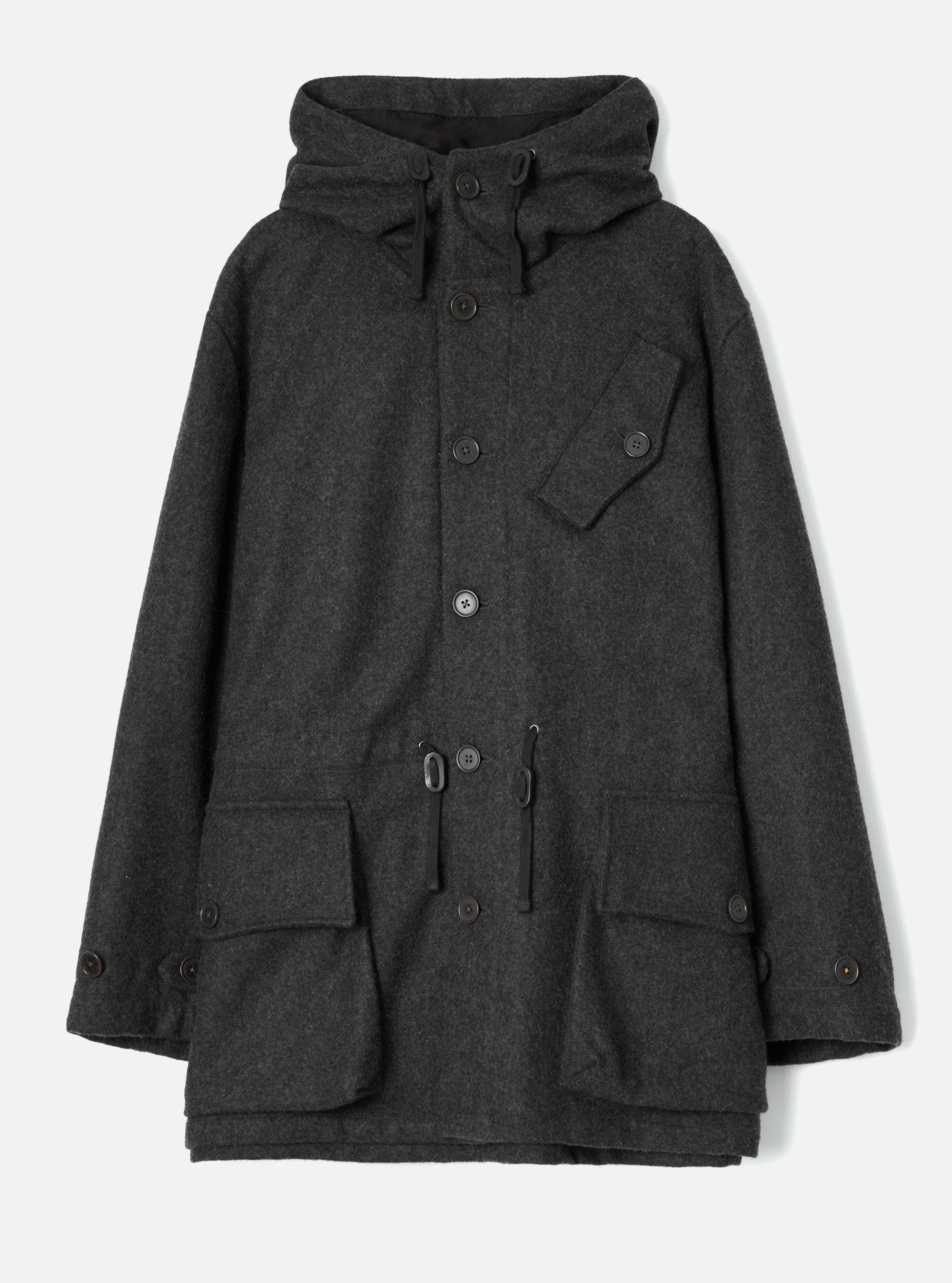 Grey marl wool-texture Mowbray Boston Parka laid flat on a light grey seamless backdrop. Features a large drawcord hood, single-breasted button placket, one chest patch pocket with button, a waist drawcord with toggle, two lower flap patch pockets, and buttoned cuffs.