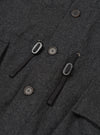 Close-up detail shot of the grey marl wool-blend fabric on the Mowbray Boston Parka. Three dark horn-effect four-hole buttons are visible alongside two black woven toggle loops with metal hooks, forming the double-breasted fastening. A welt pocket edge is visible to the left.