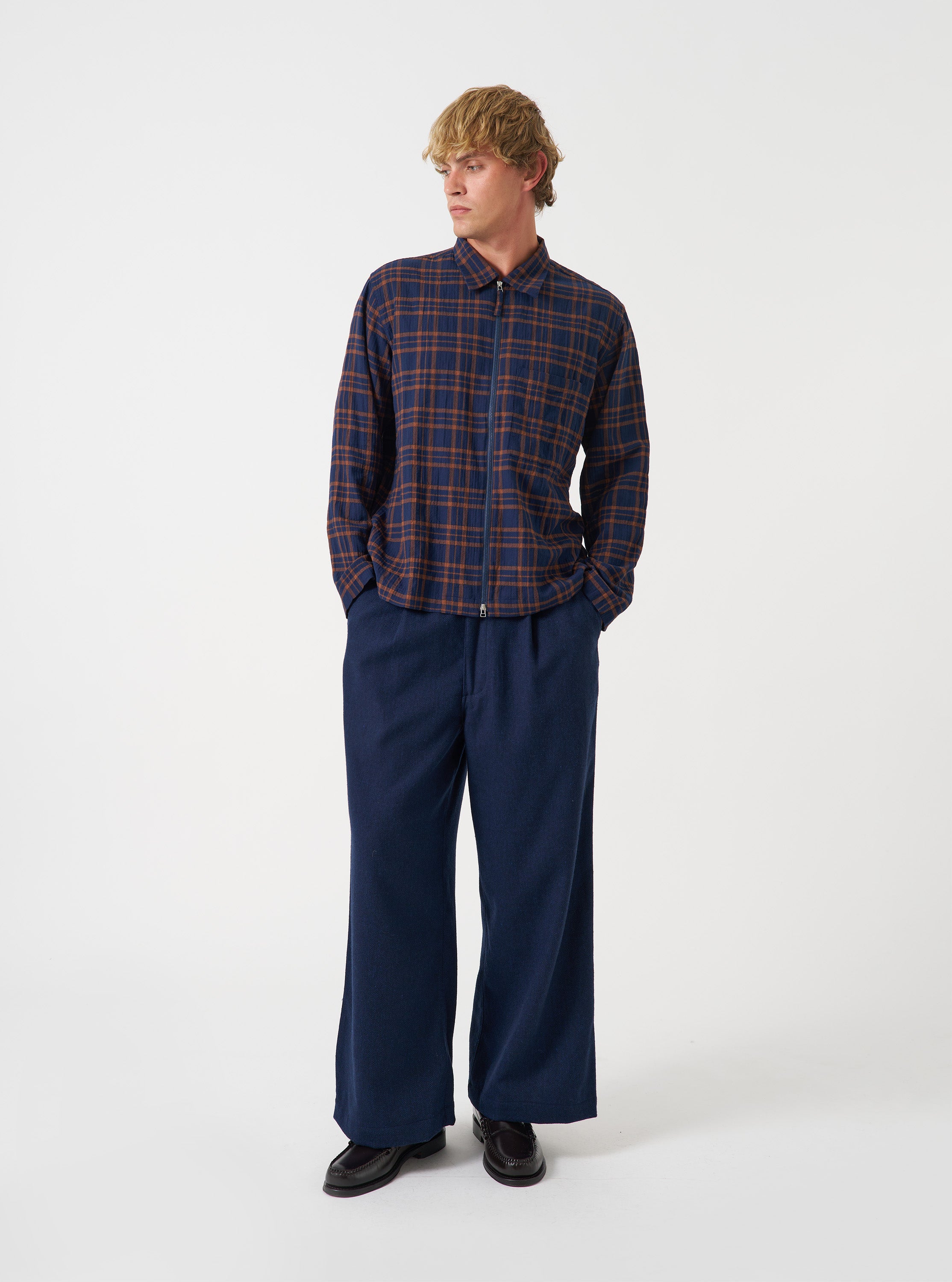 Men's Navy/Brown Young Check Zip Shirt – Universal Works
