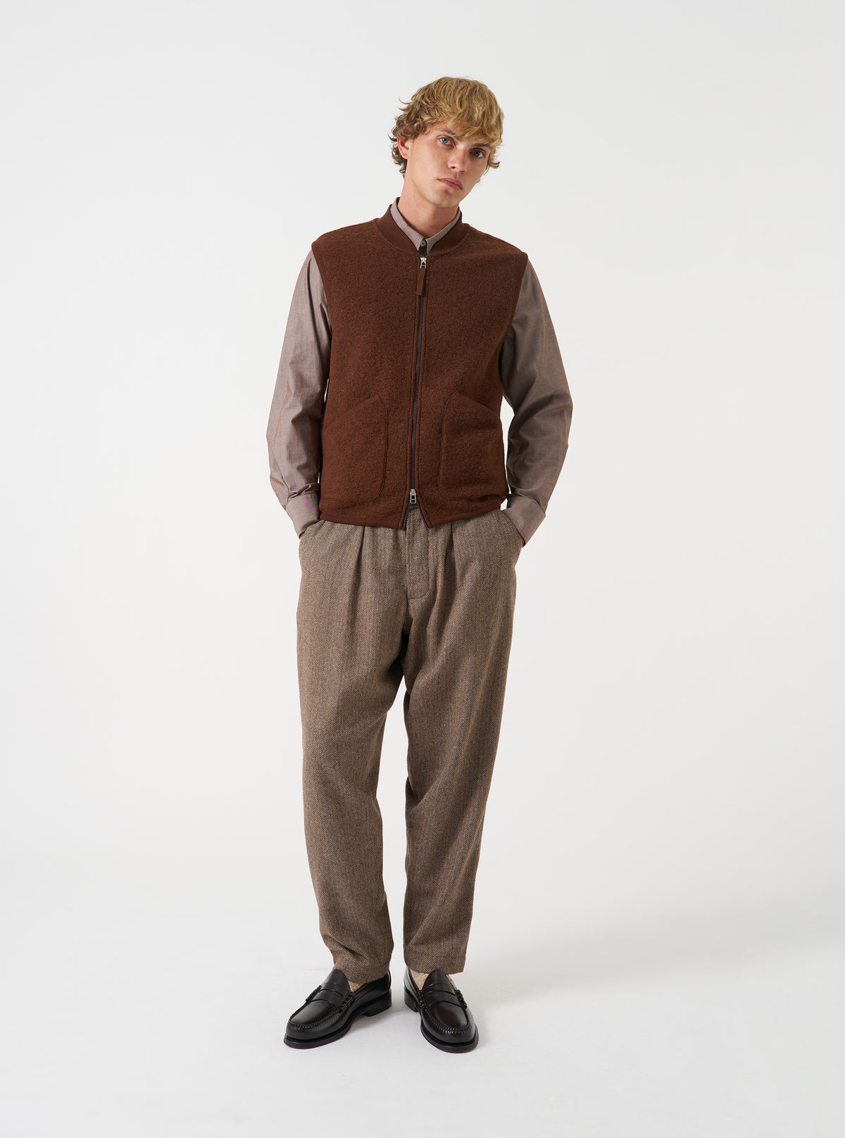 Brown Wool Herringbone Pleated Track Pant