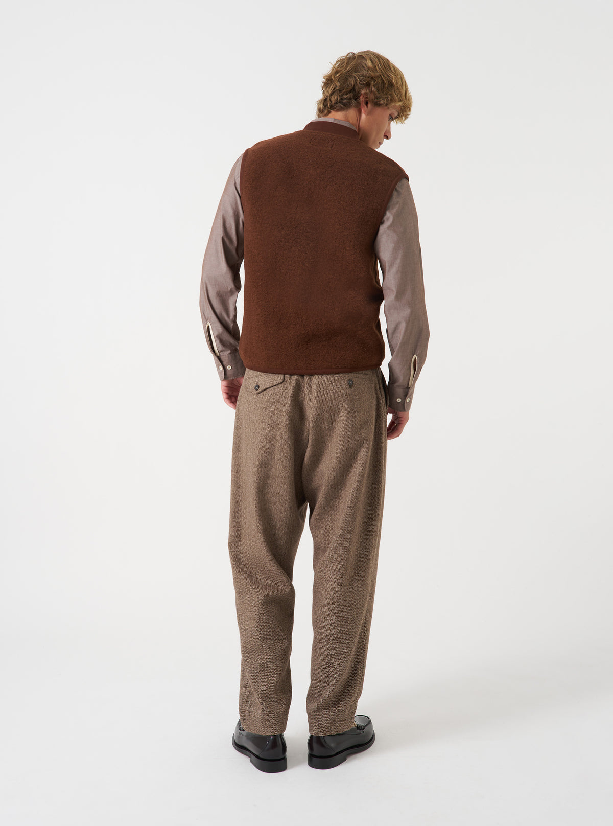 Brown Wool Herringbone Pleated Track Pant