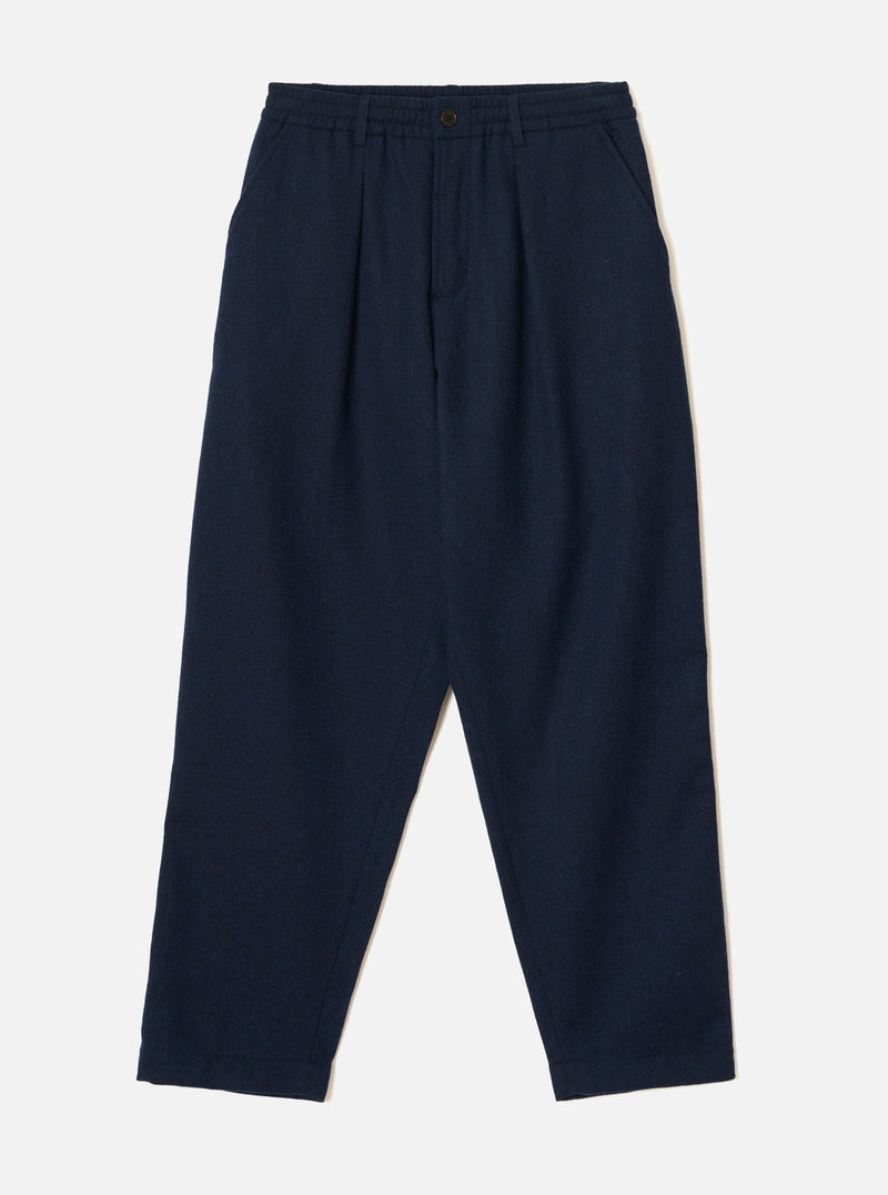 Navy Wool Herringbone Pleated Track Pant
