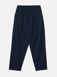 Navy Wool Herringbone Pleated Track Pant