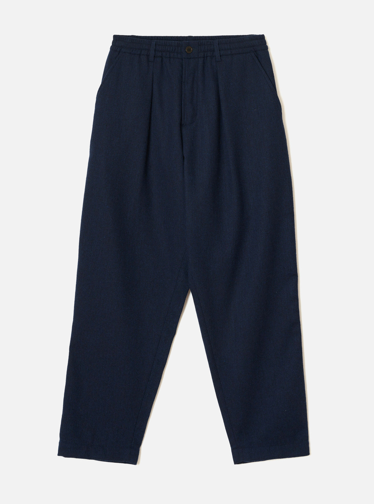 Navy Wool Herringbone Pleated Track Pant