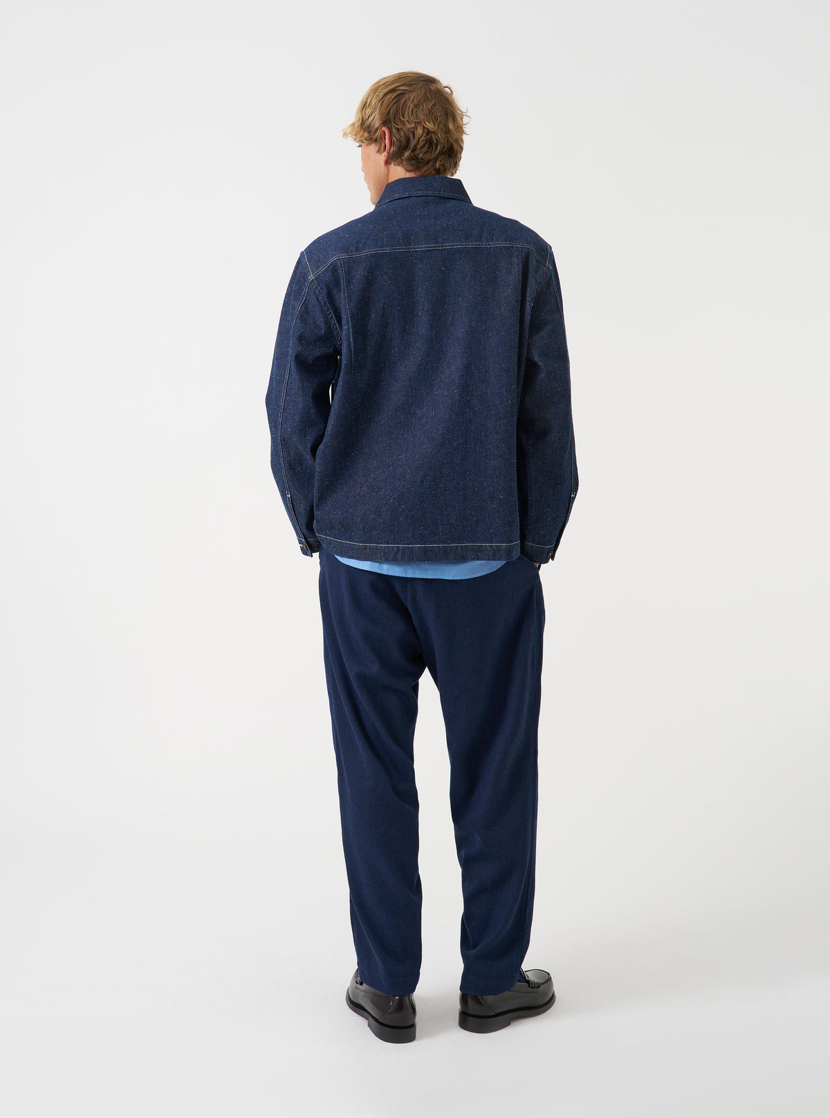 Navy Wool Herringbone Pleated Track Pant
