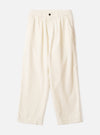 Ecru wide-leg velvet oxford trousers laid flat on a light grey background. The elasticated waistband features a single dark button at the centre front. Slash pockets sit at the hips. The fabric has a soft, fine-ribbed velvet texture. The silhouette is relaxed through the leg with a full-length hem.