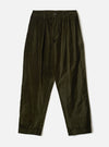 Olive velvet Oxford trousers laid flat on a light grey seamless backdrop. Fine-wale velvet fabric with a soft sheen. Elasticated waistband with a single button fastening, twin pleats at the front, and side slash pockets. Tapered leg with turned-up cuffs at the ankle hem.