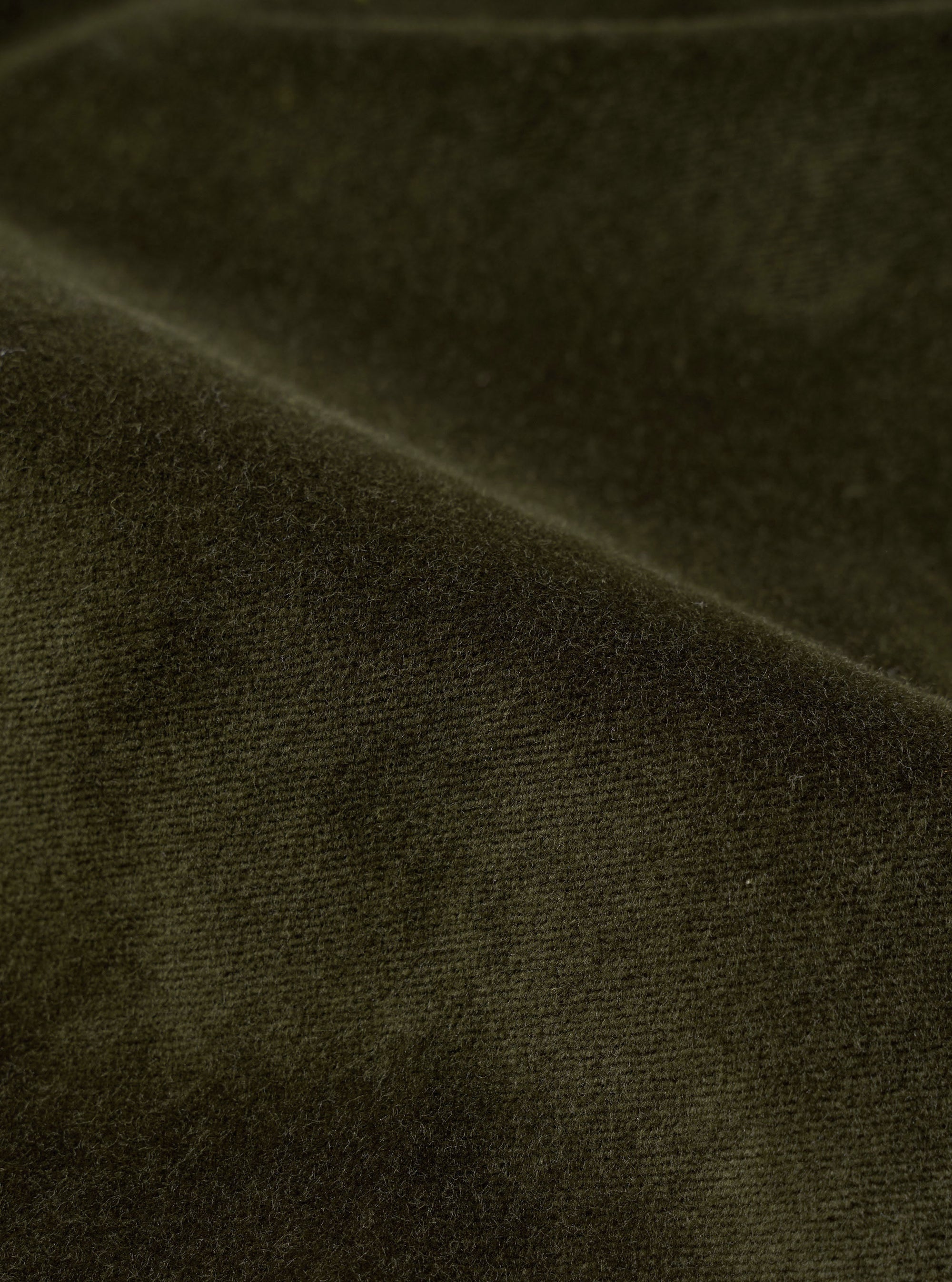 Close-up detail of the olive velvet fabric used in the Oxford pant. Fine ribbed texture and soft pile are visible, with gentle folds showing the depth and sheen of the velvet. The dark olive tone shifts subtly where the fabric creases.